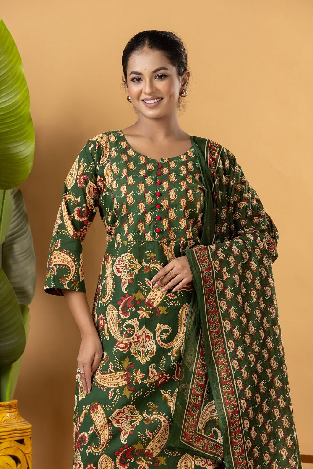 Dark Green Paisley Print Kurta With Pant & Dupatta