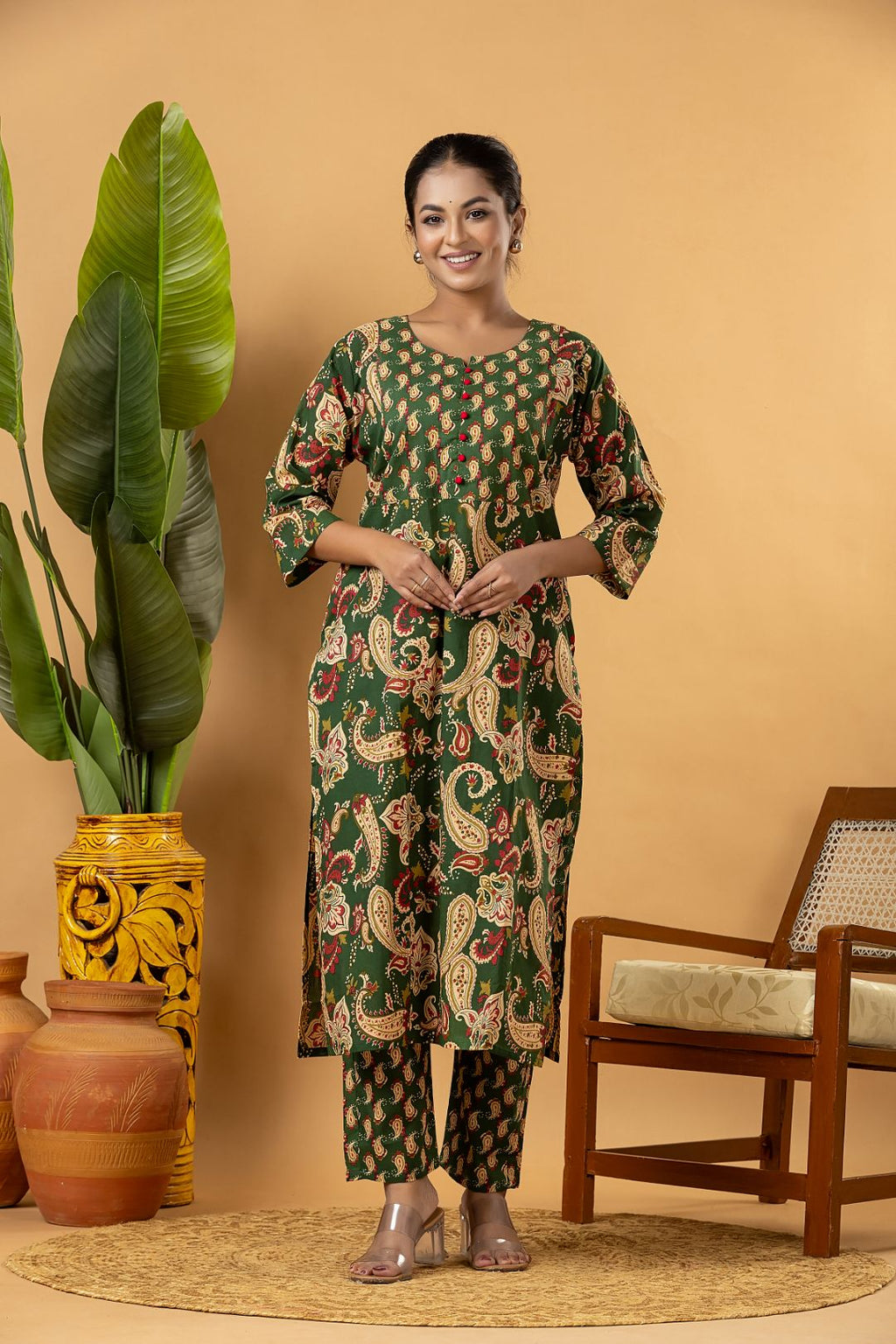 Dark Green Paisley Print Kurta With Pant & Dupatta