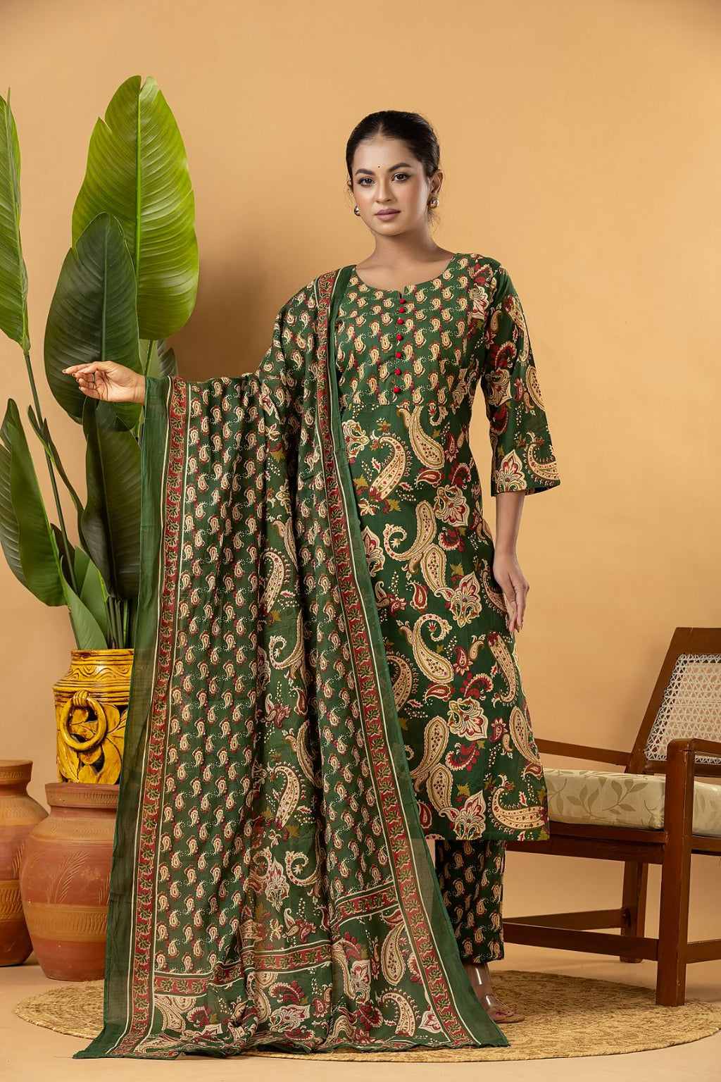 Dark Green Paisley Print Kurta With Pant & Dupatta