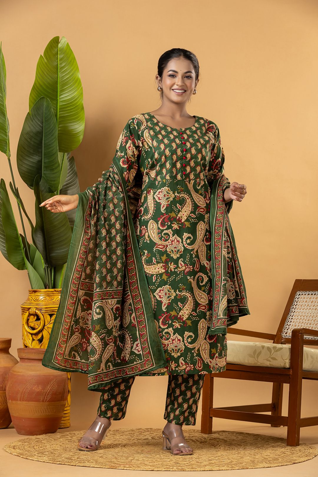 Dark Green Paisley Print Kurta With Pant & Dupatta