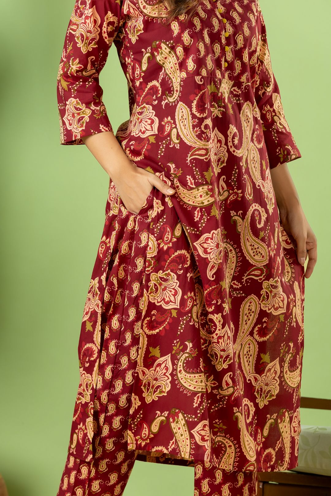 Red Purple Paisley Print Kurta With Pant & Dupatta