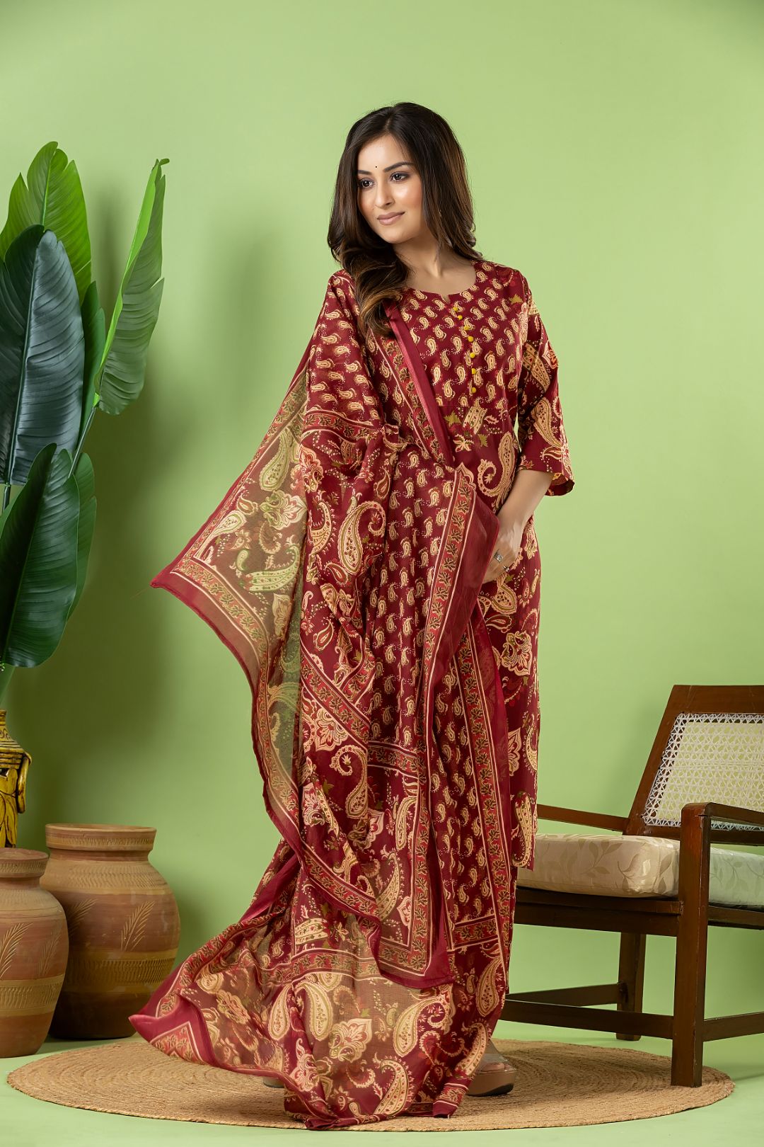 Red Purple Paisley Print Kurta With Pant & Dupatta