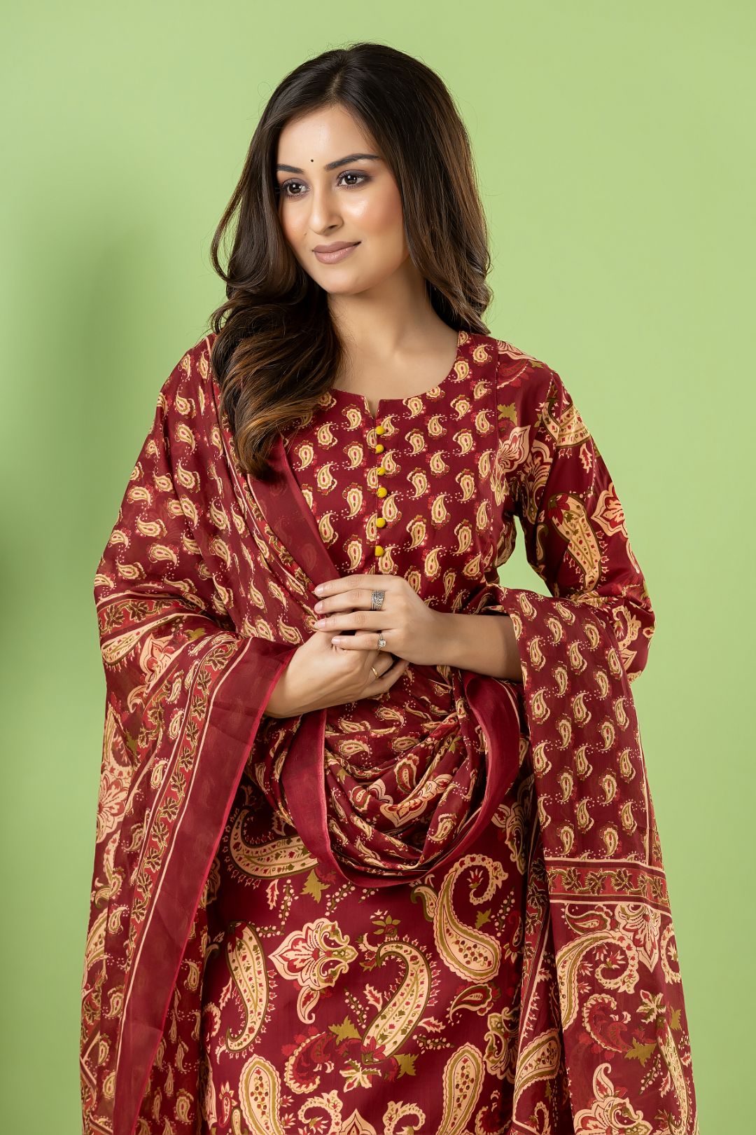 Red Purple Paisley Print Kurta With Pant & Dupatta