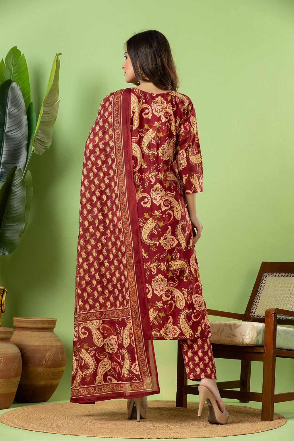 Red Purple Paisley Print Kurta With Pant & Dupatta