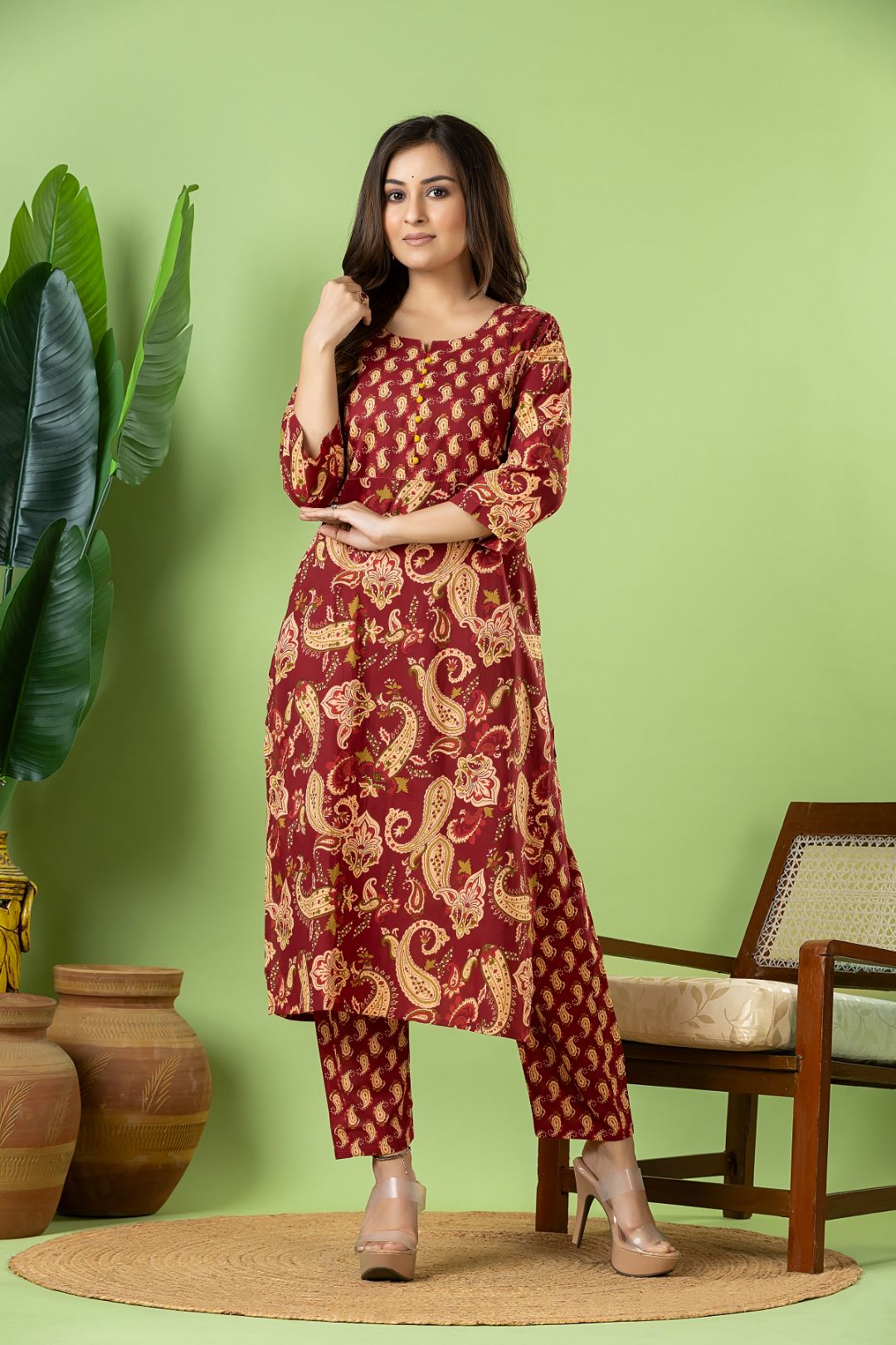 Red Purple Paisley Print Kurta With Pant & Dupatta