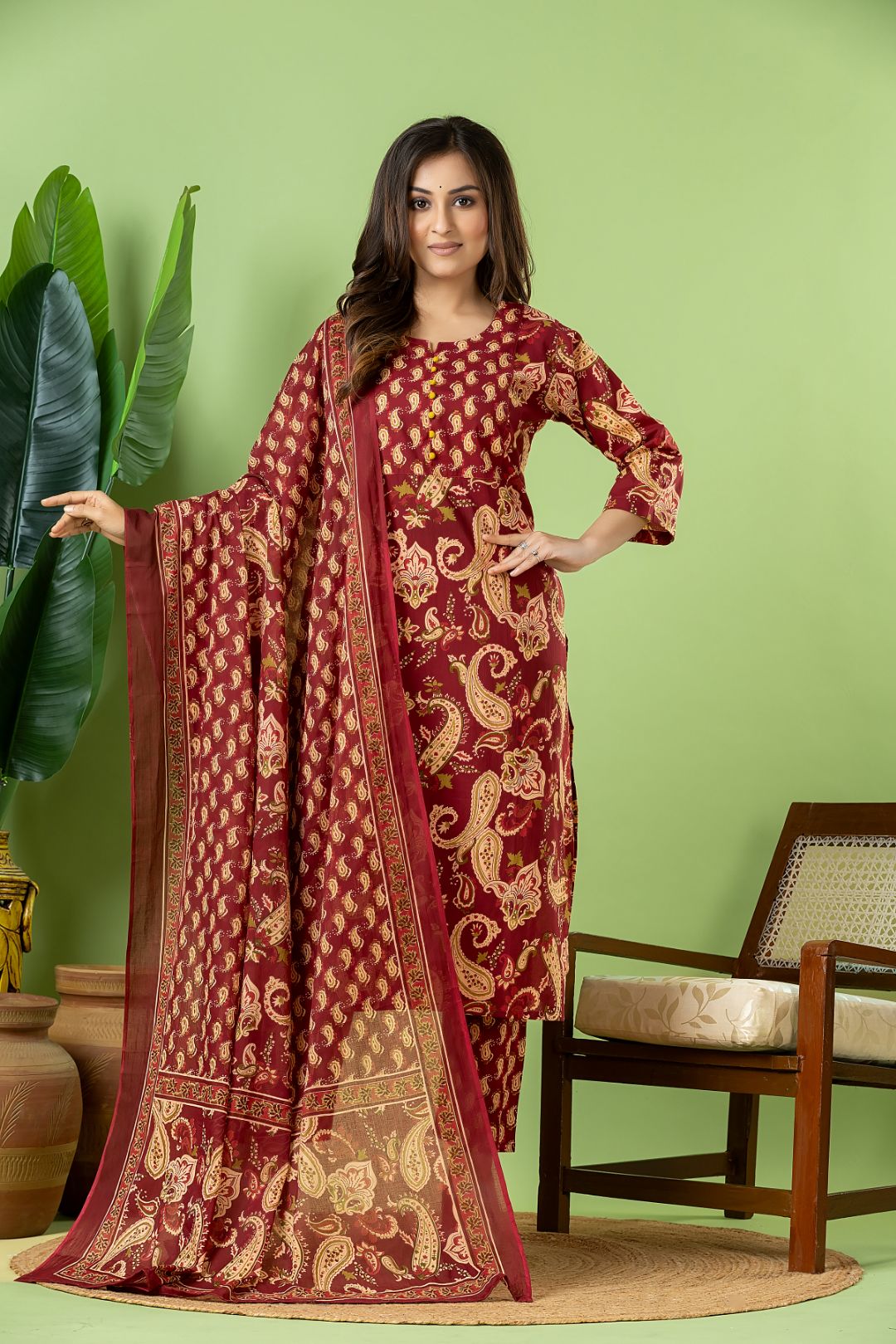 Red Purple Paisley Print Kurta With Pant & Dupatta