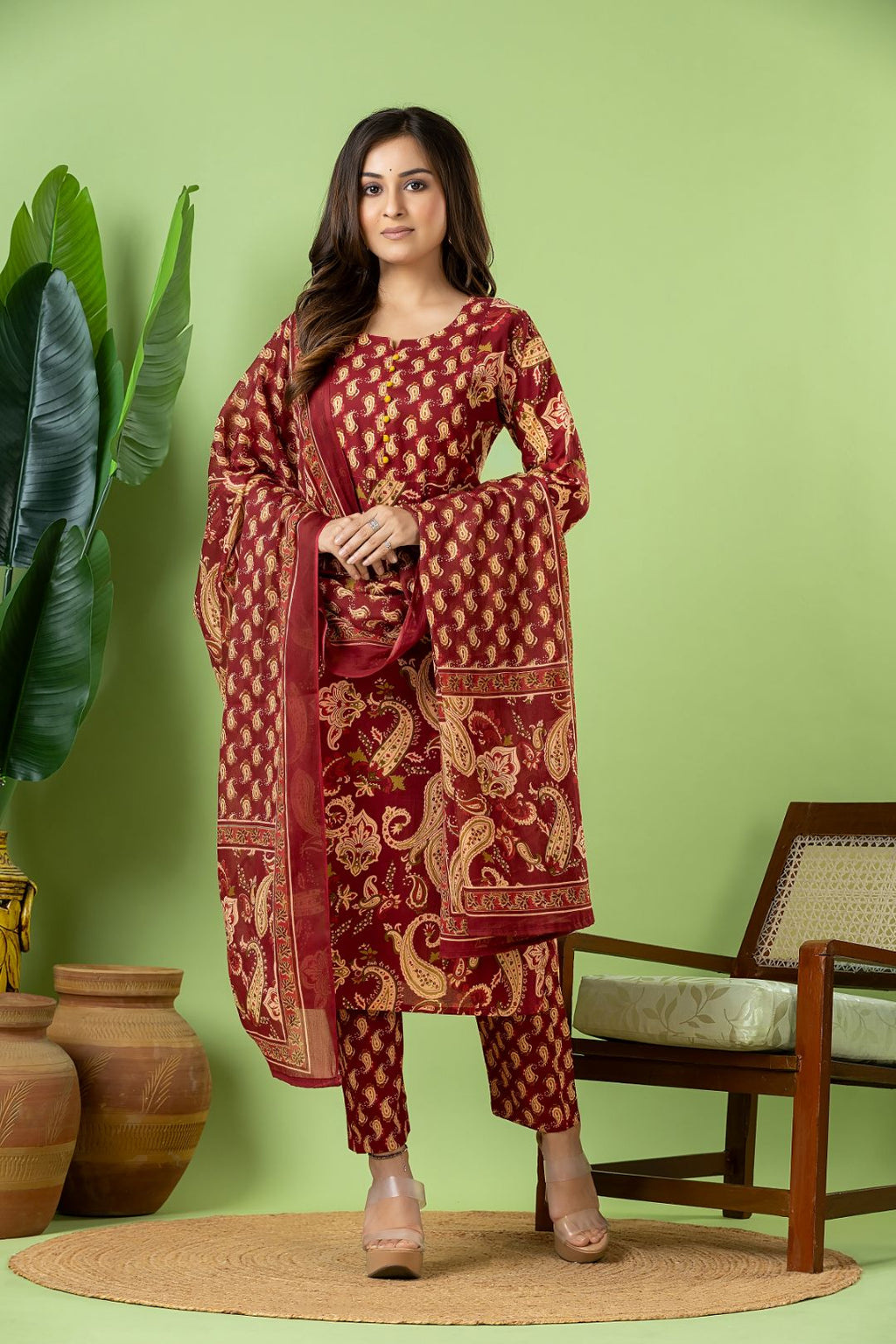 Red Purple Paisley Print Kurta With Pant & Dupatta