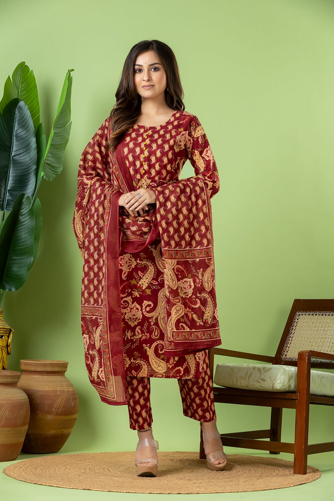 Red Purple Paisley Print Kurta With Pant & Dupatta