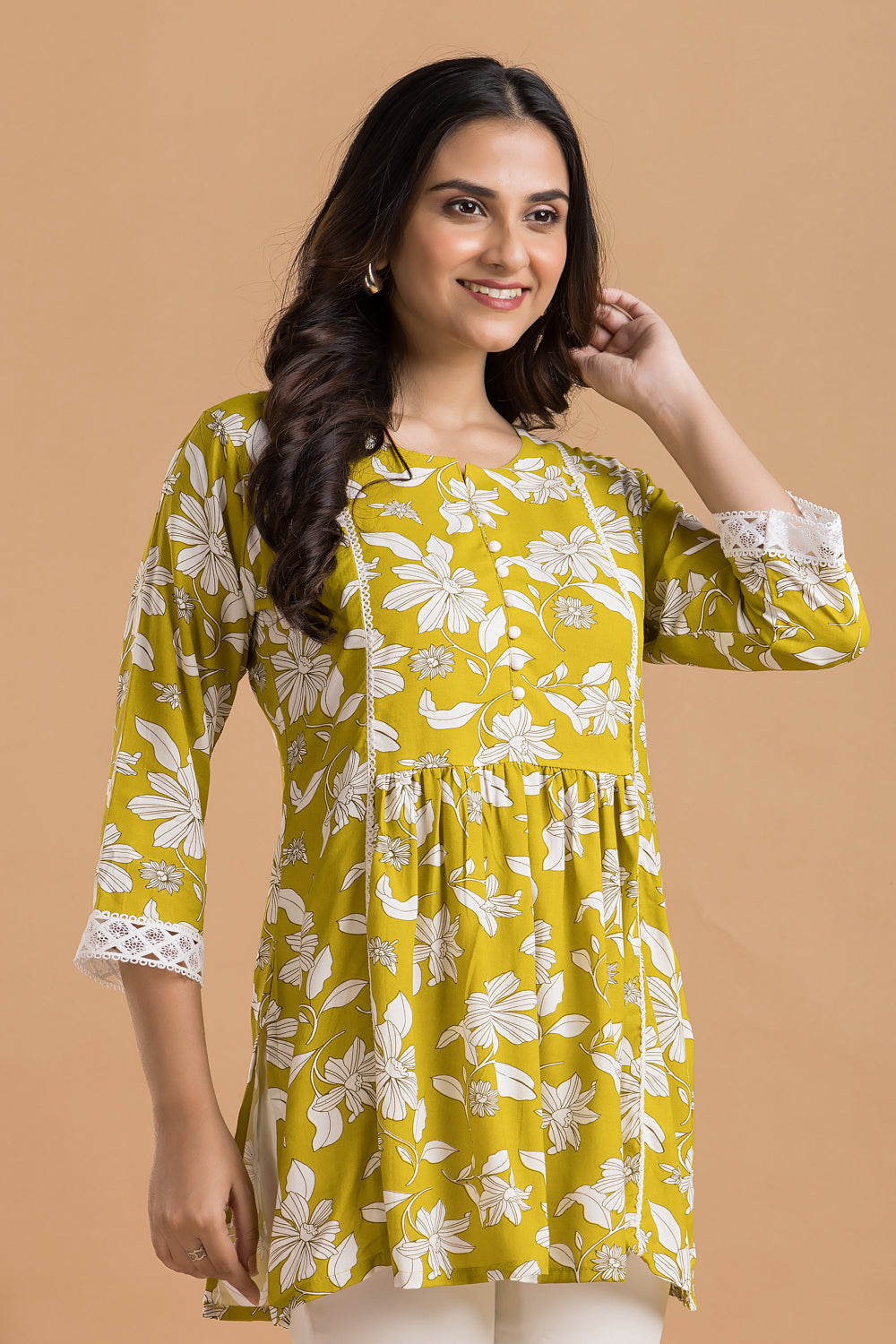 Yellow Green Floral Print Short Kurta