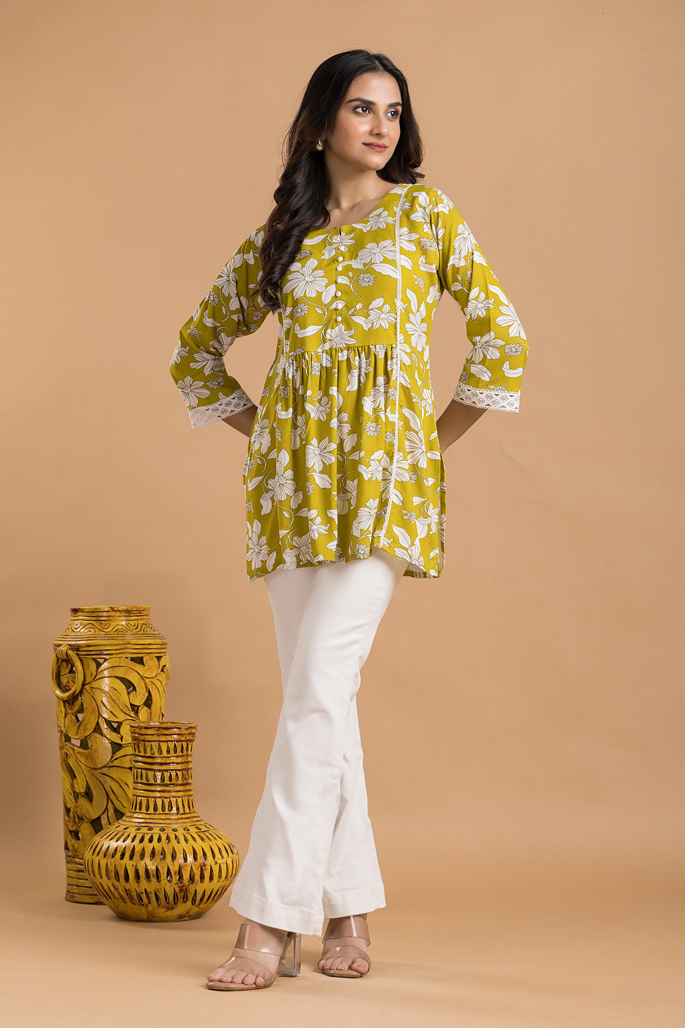 Yellow Green Floral Print Short Kurta