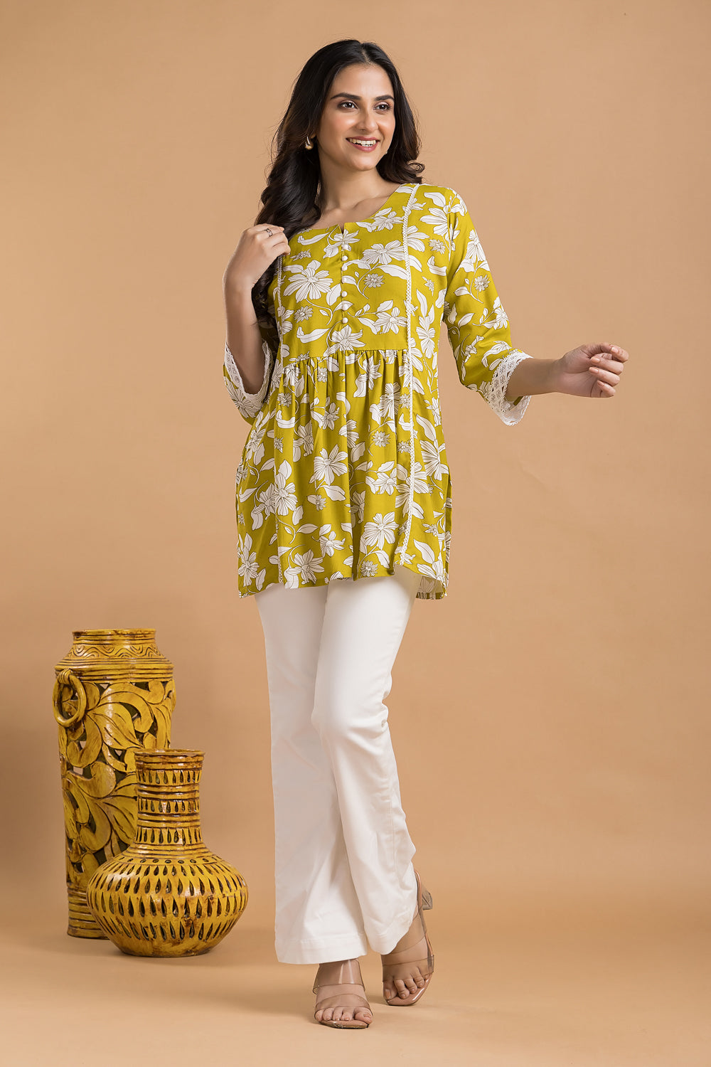 Yellow Green Floral Print Short Kurta