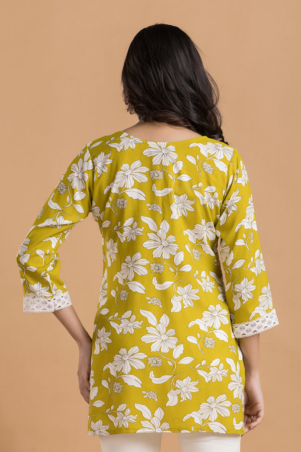 Yellow Green Floral Print Short Kurta
