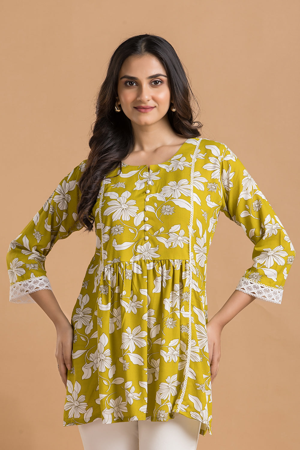 Yellow Green Floral Print Short Kurta