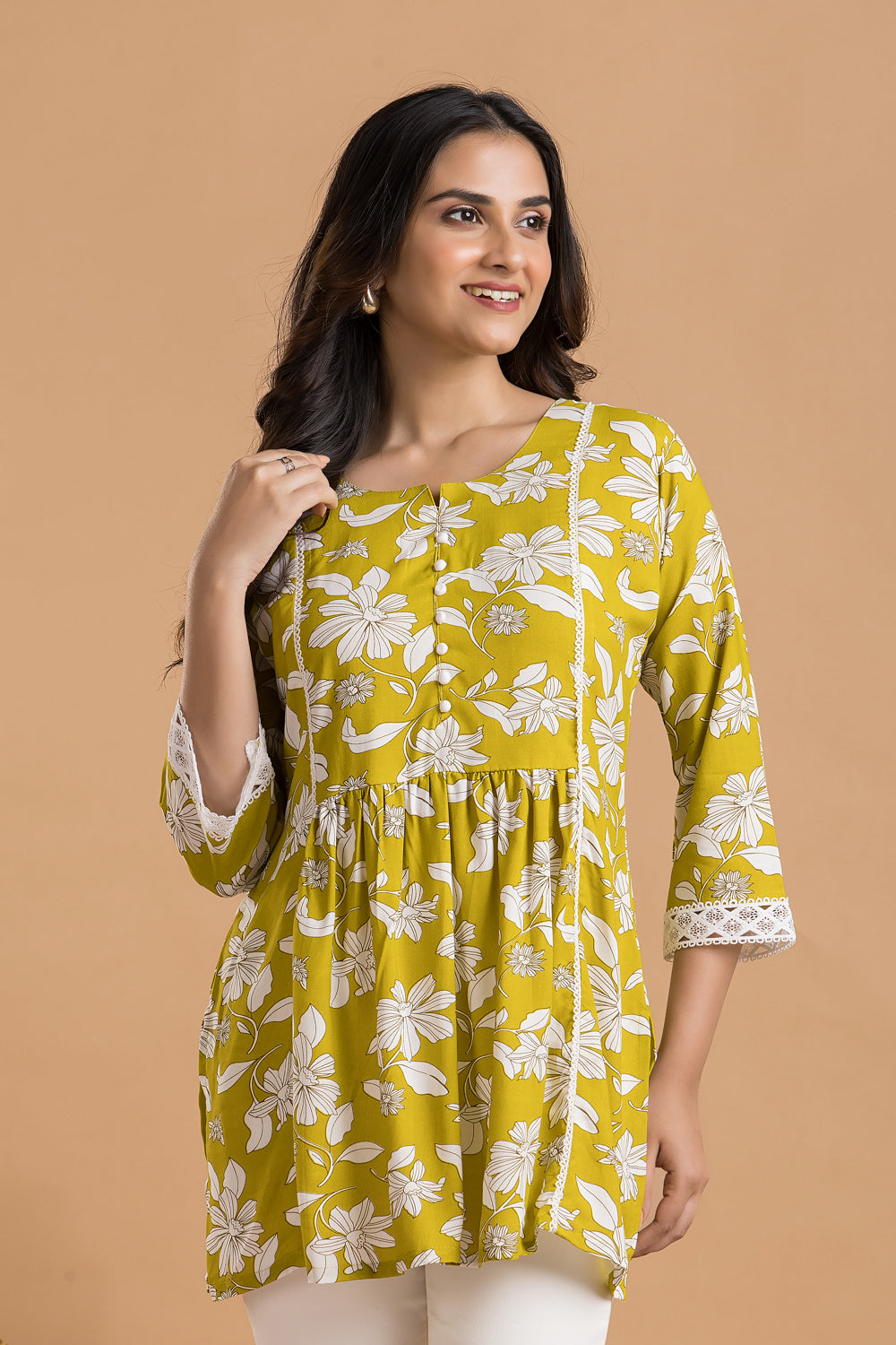 Yellow Green Floral Print Short Kurta