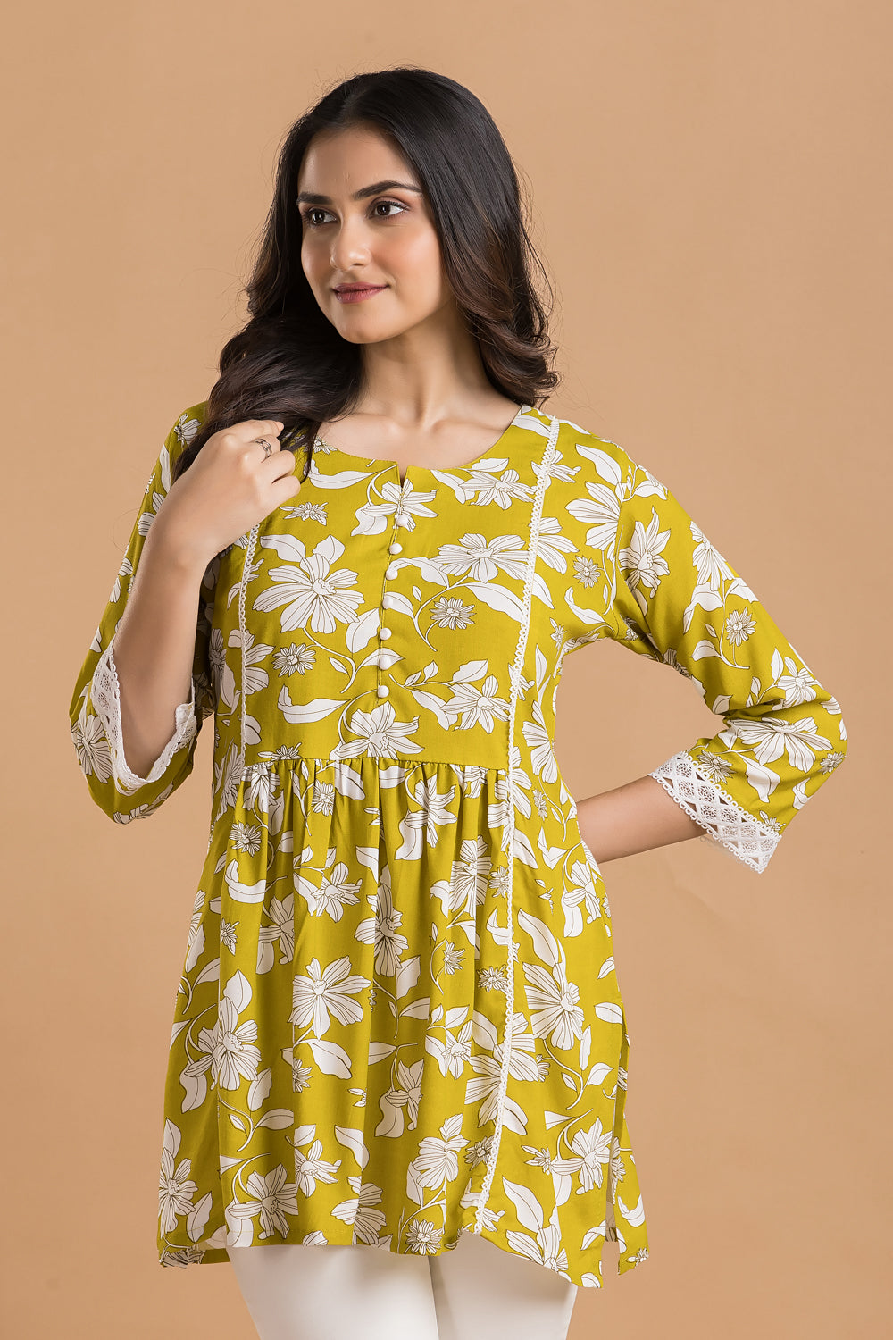 Yellow Green Floral Print Short Kurta