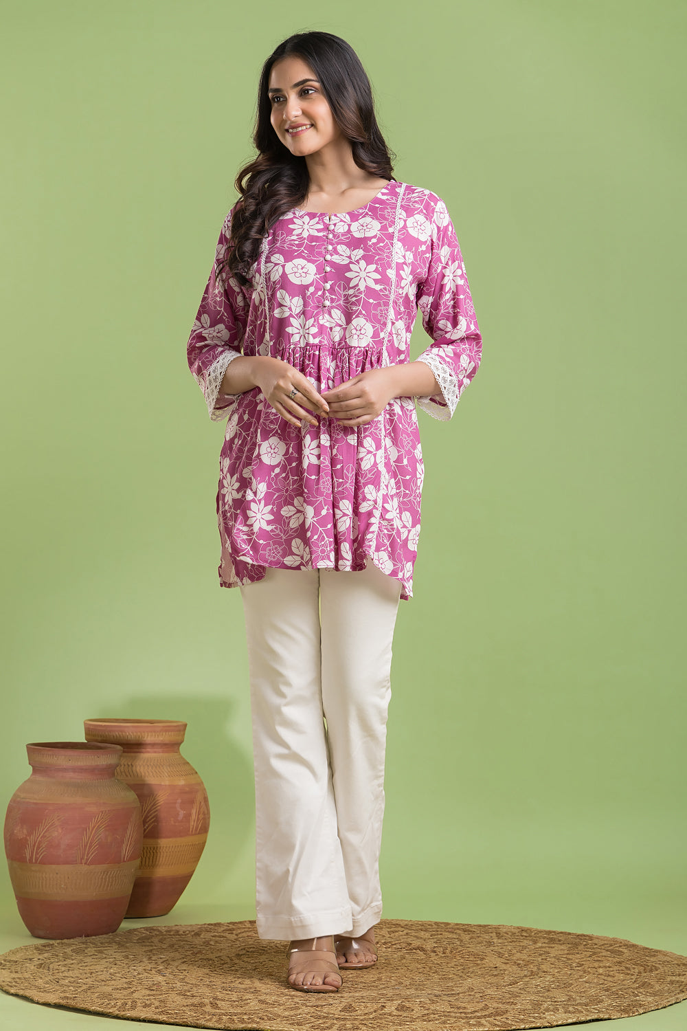 Magenta Pink Floral Print Short Kurta