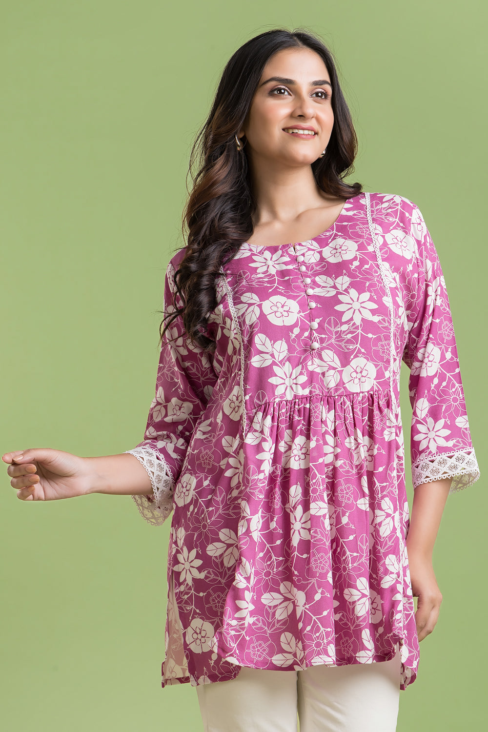Magenta Pink Floral Print Short Kurta