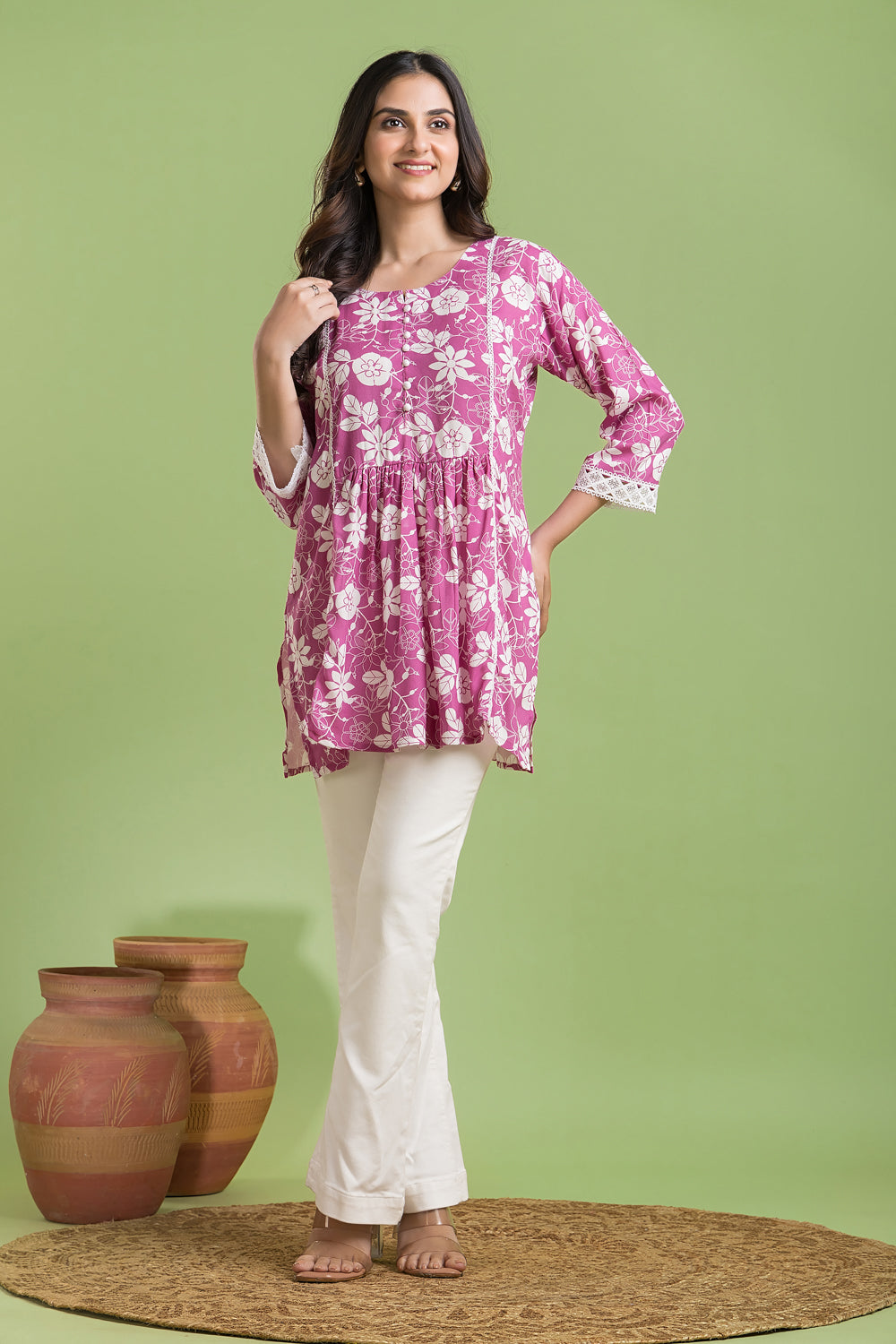 Magenta Pink Floral Print Short Kurta