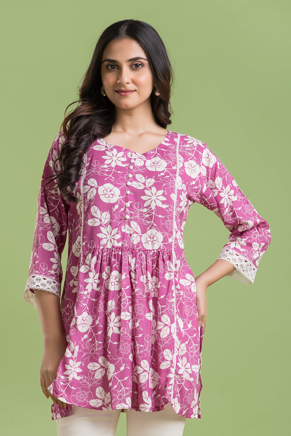 Magenta Pink Floral Print Short Kurta
