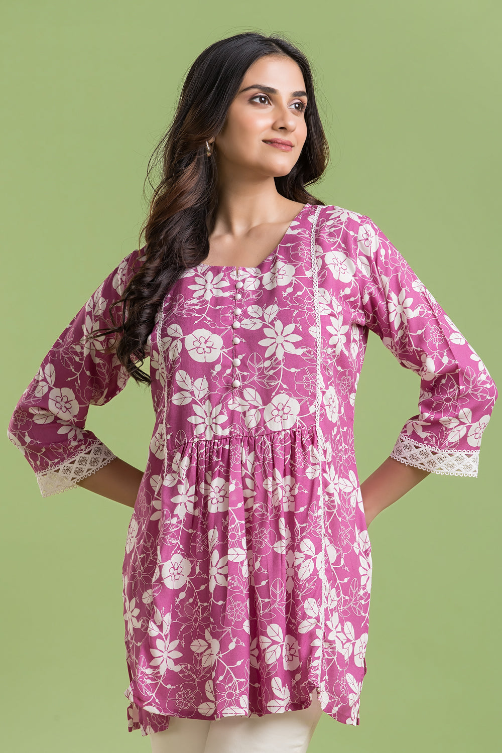 Magenta Pink Floral Print Short Kurta