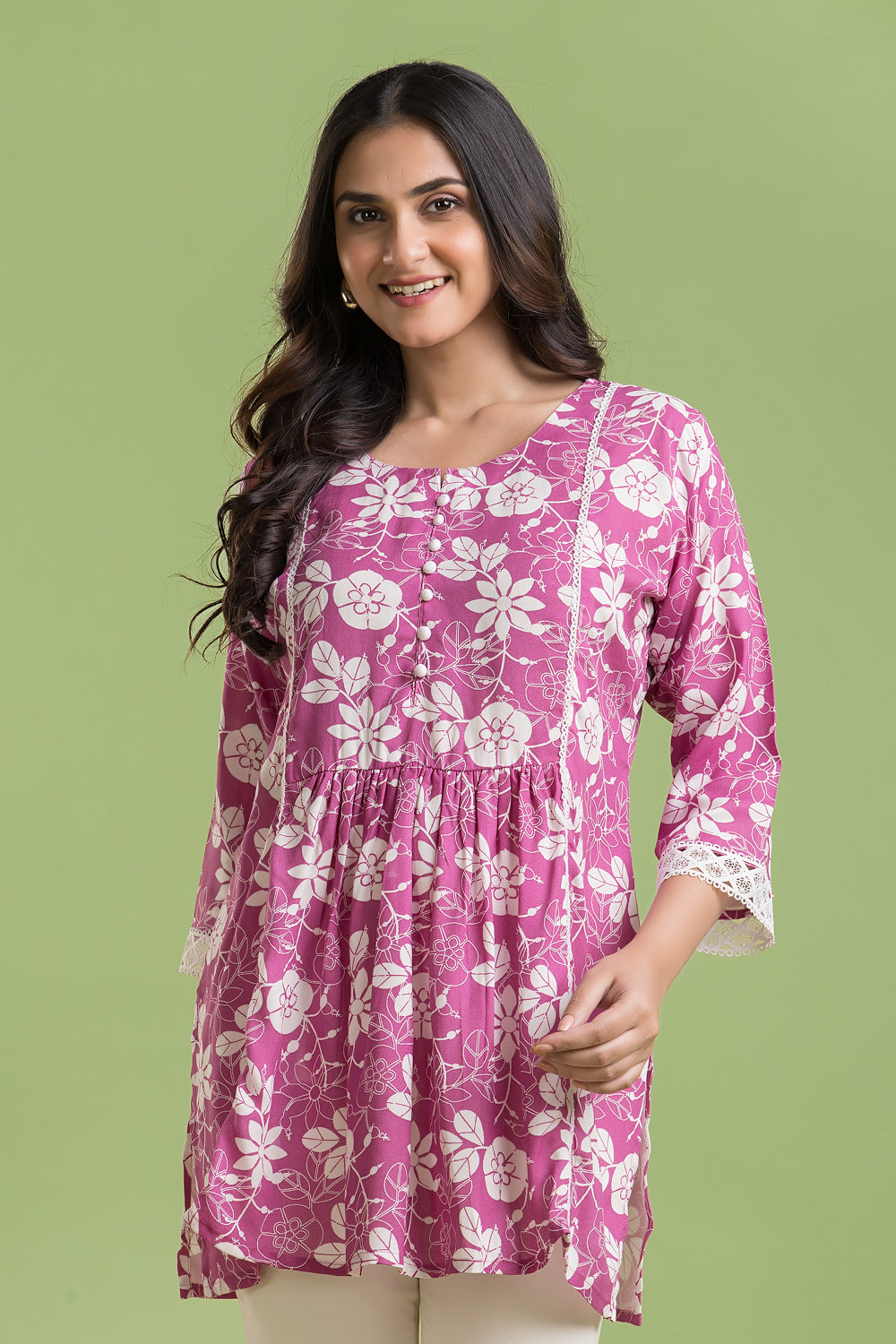 Magenta Pink Floral Print Short Kurta