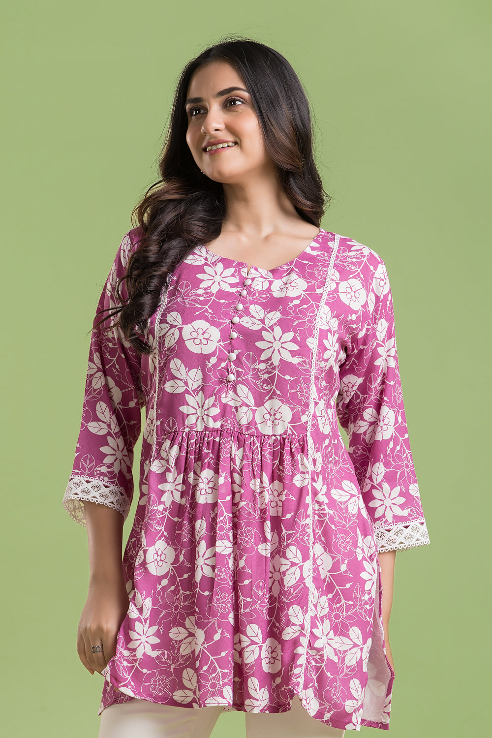 Magenta Pink Floral Print Short Kurta