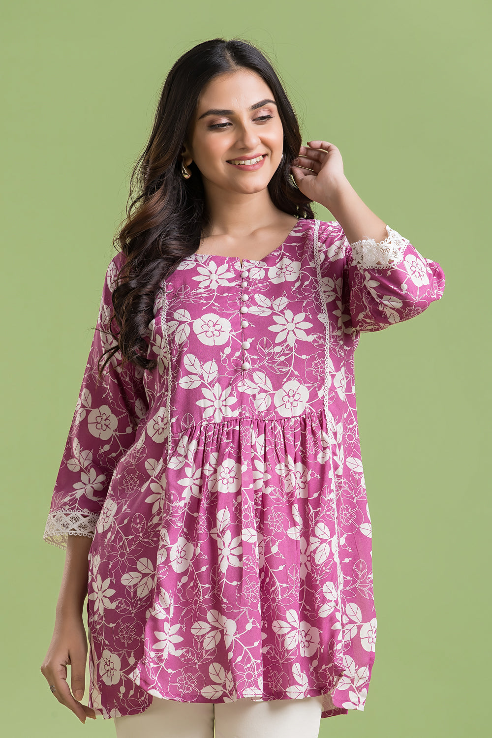 Magenta Pink Floral Print Short Kurta