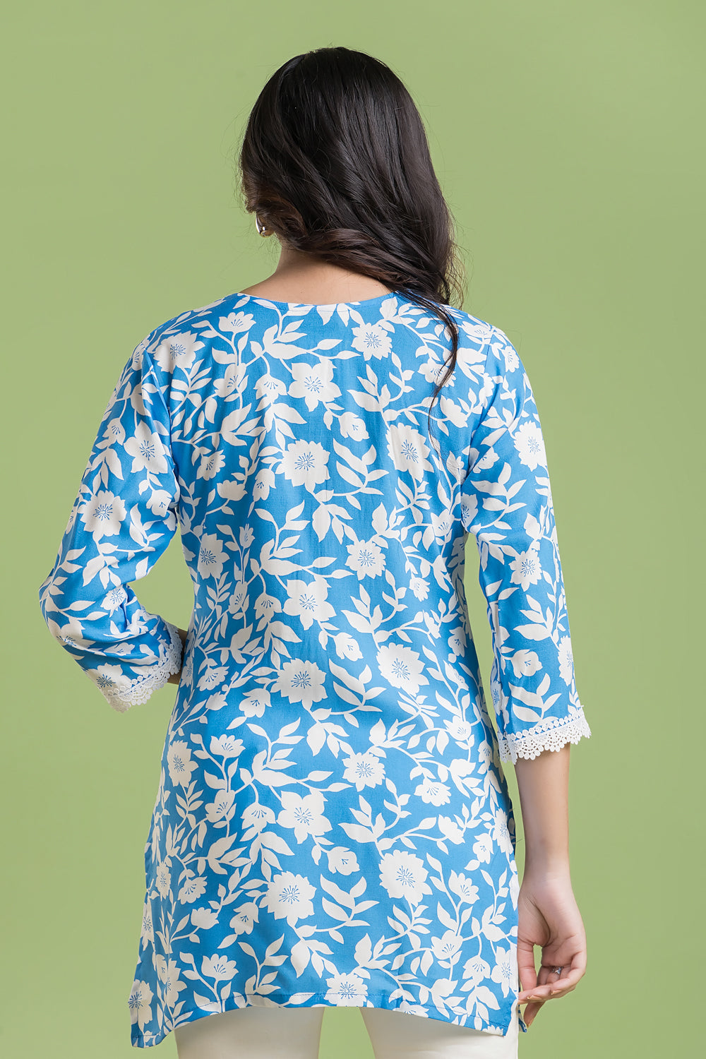 English Blue Floral Print Short Kurta