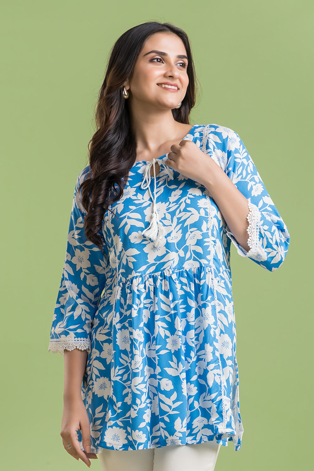 English Blue Floral Print Short Kurta