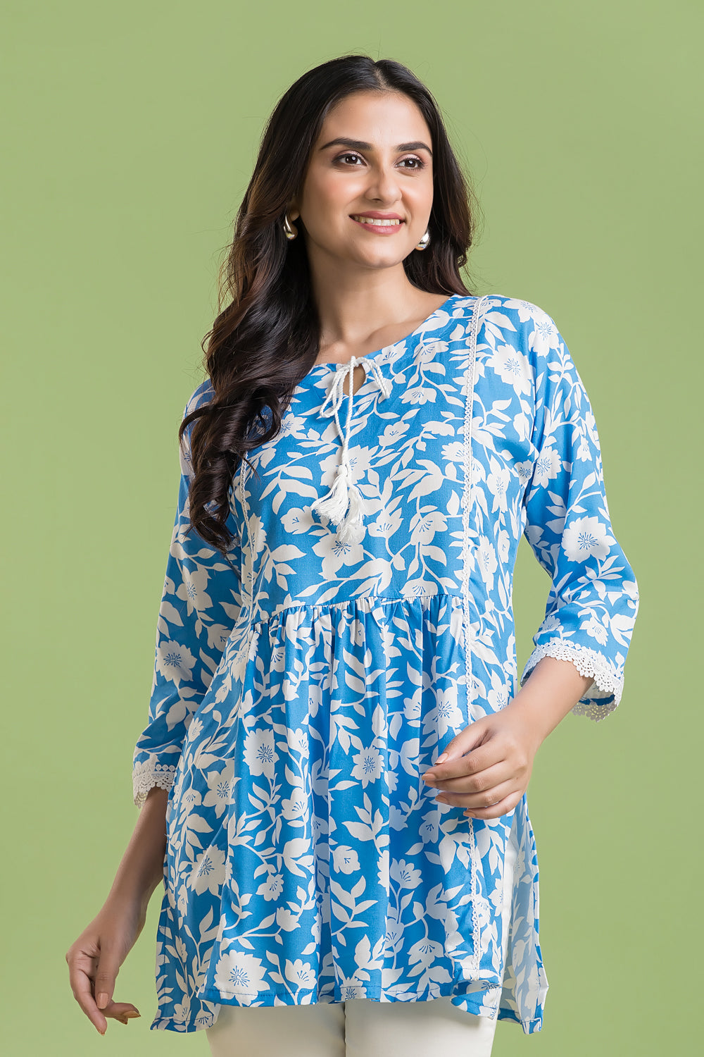 English Blue Floral Print Short Kurta