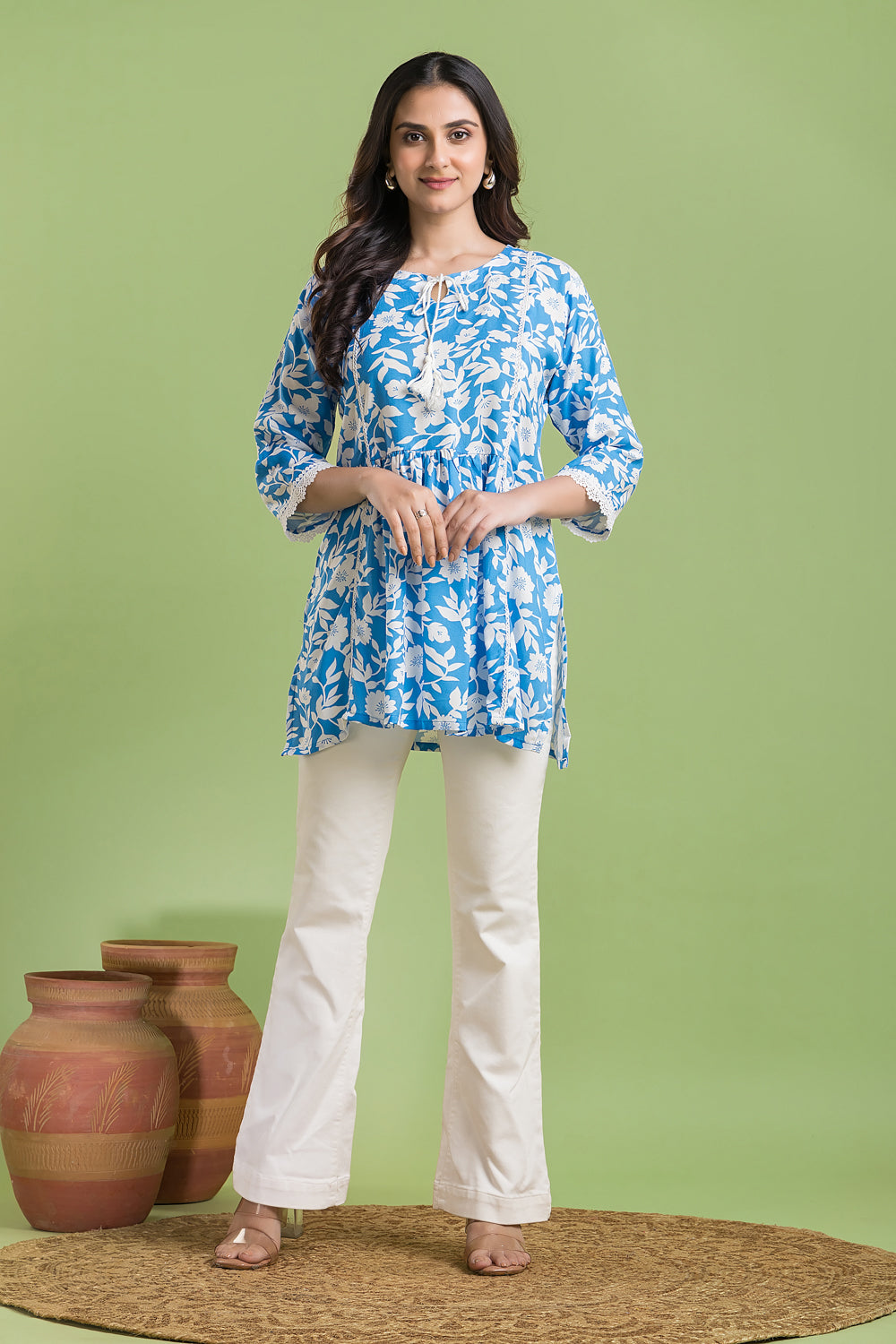 English Blue Floral Print Short Kurta