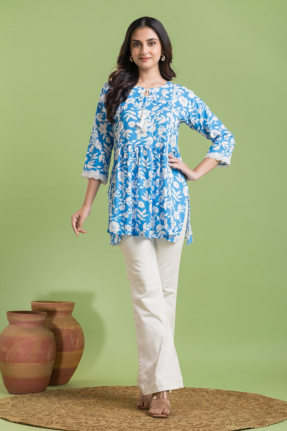 English Blue Floral Print Short Kurta