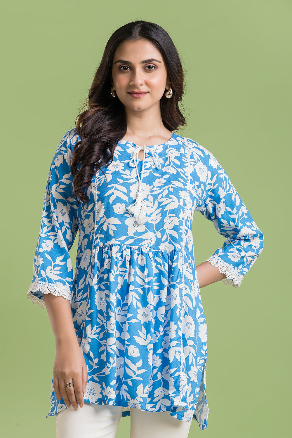 English Blue Floral Print Short Kurta