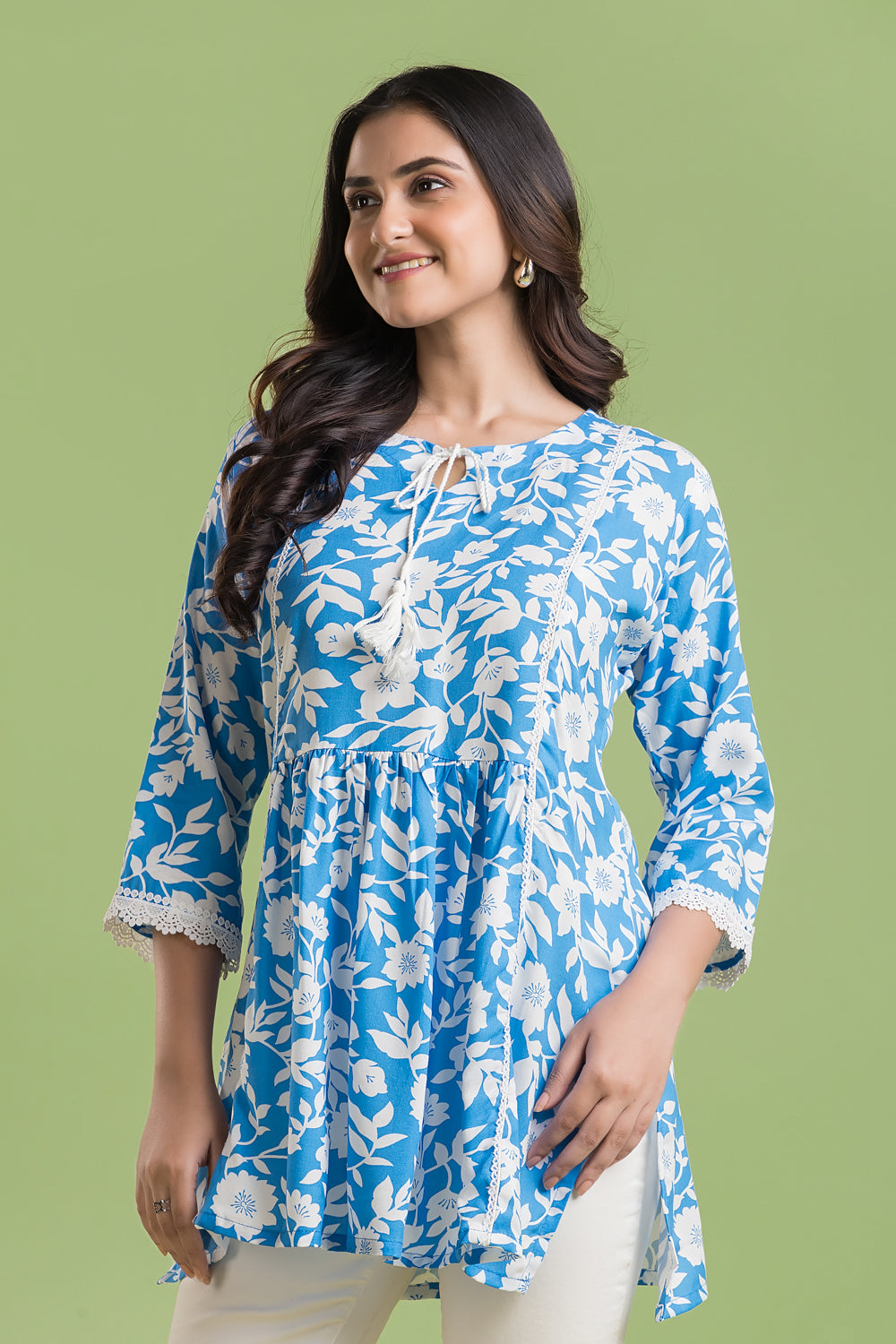 English Blue Floral Print Short Kurta