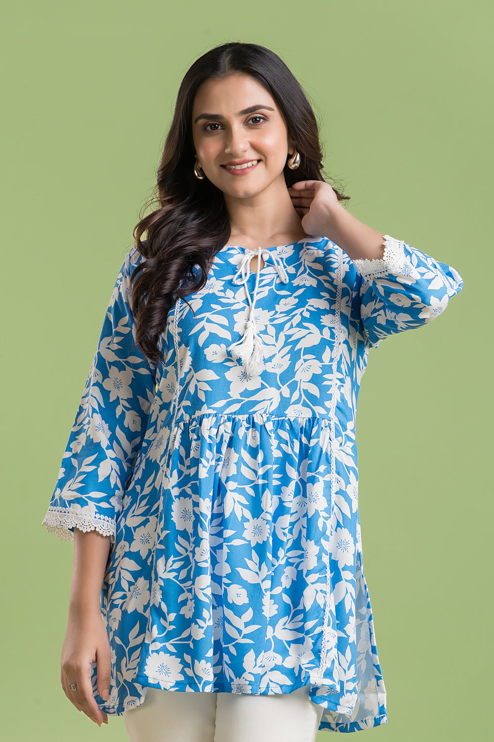 English Blue Floral Print Short Kurta
