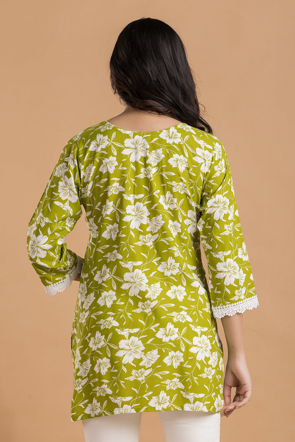 Lime Green Floral Print Short Kurta