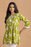 Lime Green Floral Print Short Kurta