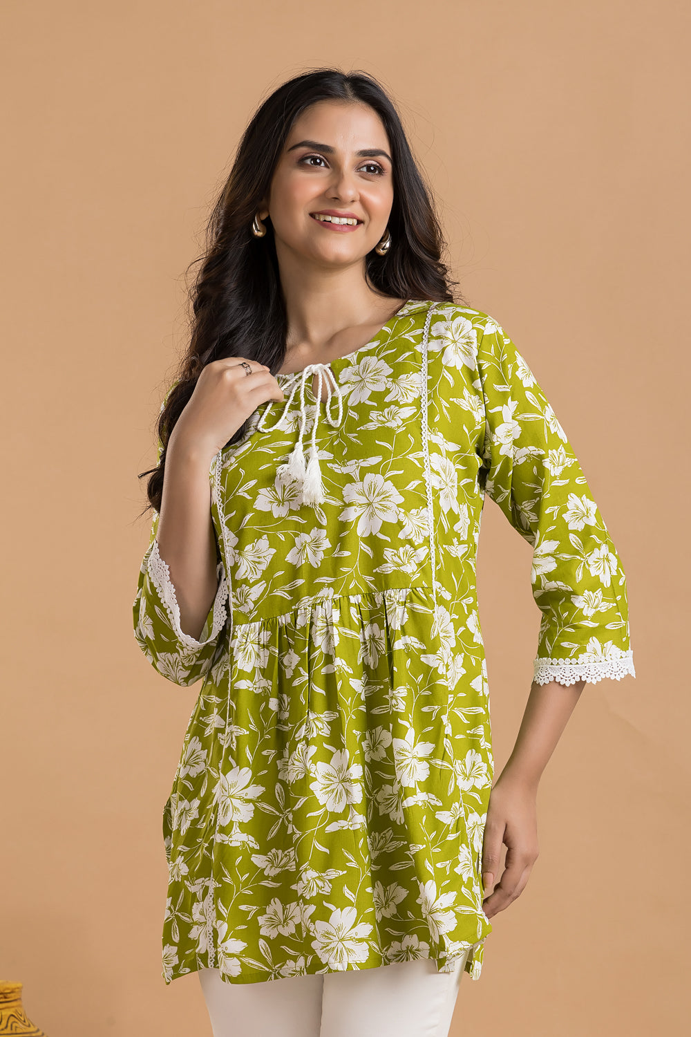 Lime Green Floral Print Short Kurta