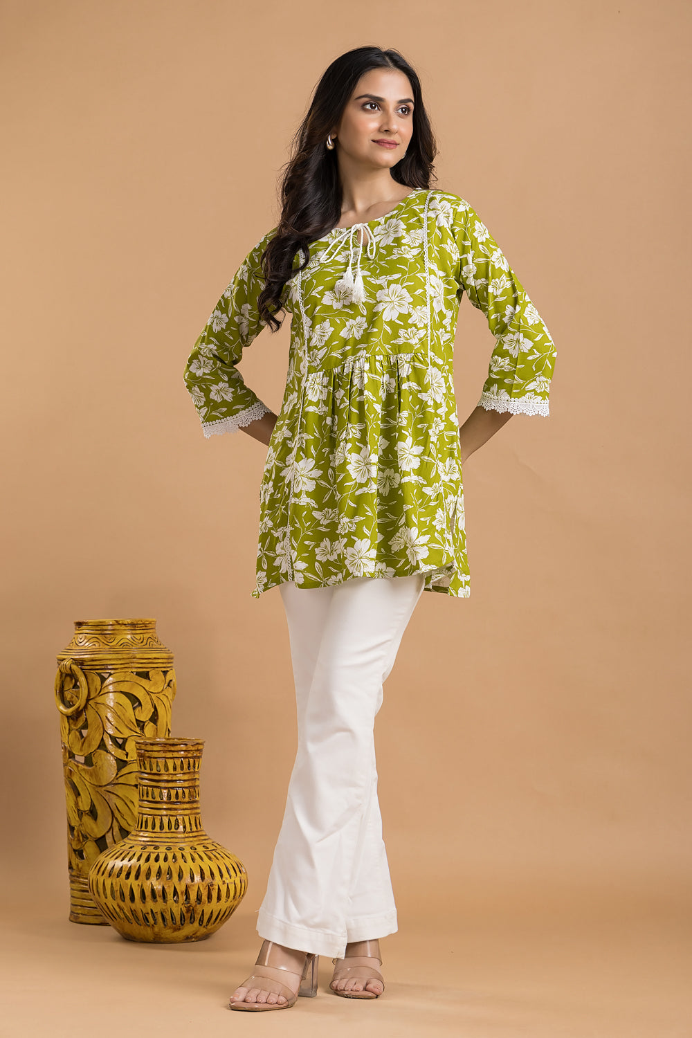 Lime Green Floral Print Short Kurta