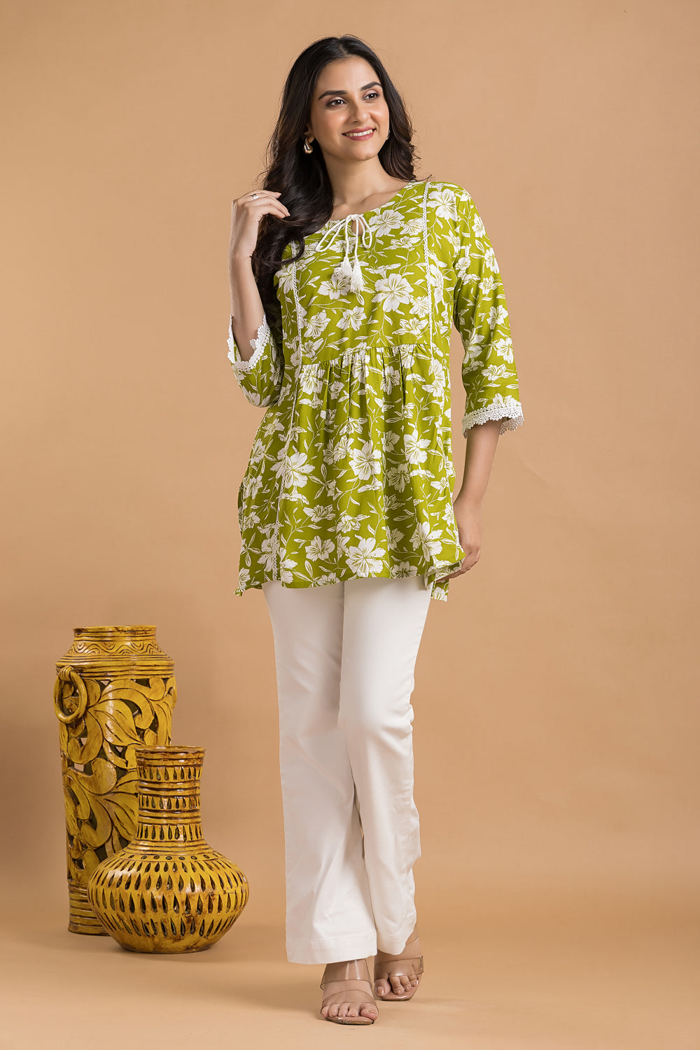 Lime Green Floral Print Short Kurta