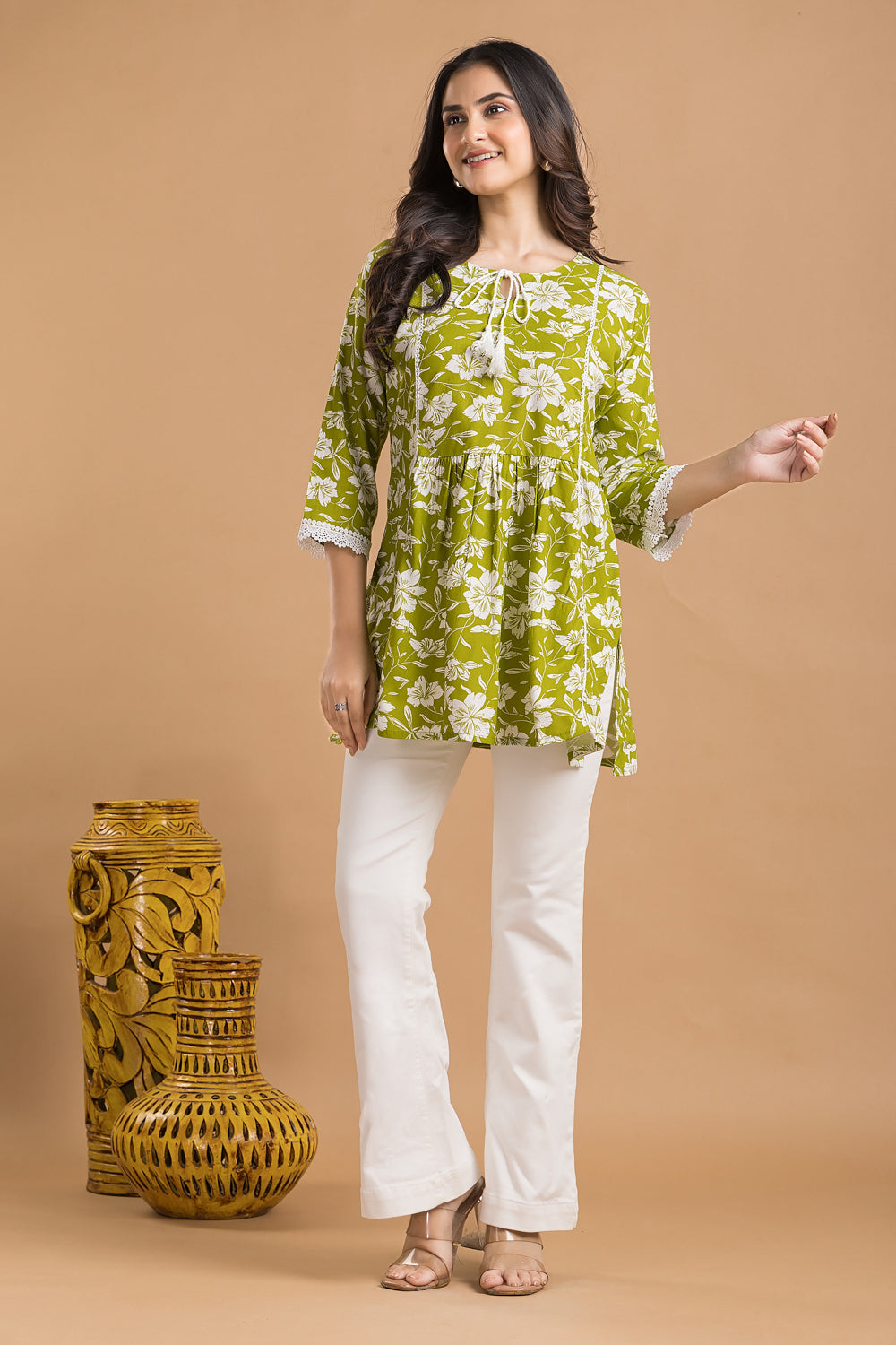 Lime Green Floral Print Short Kurta