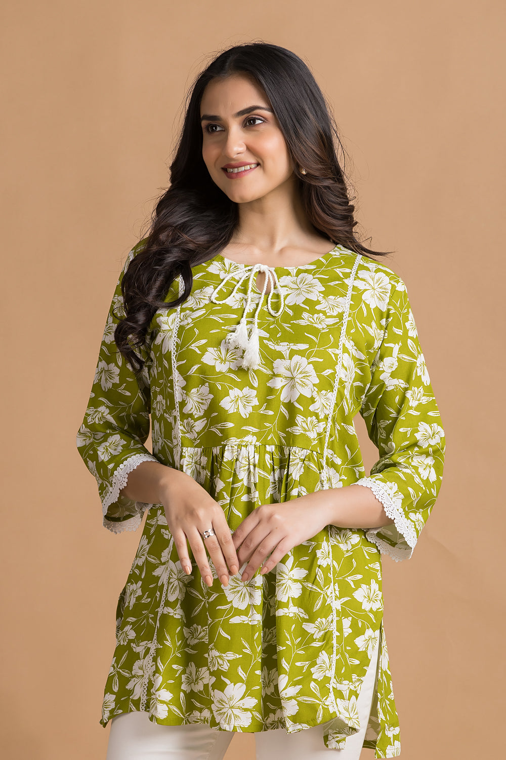 Lime Green Floral Print Short Kurta