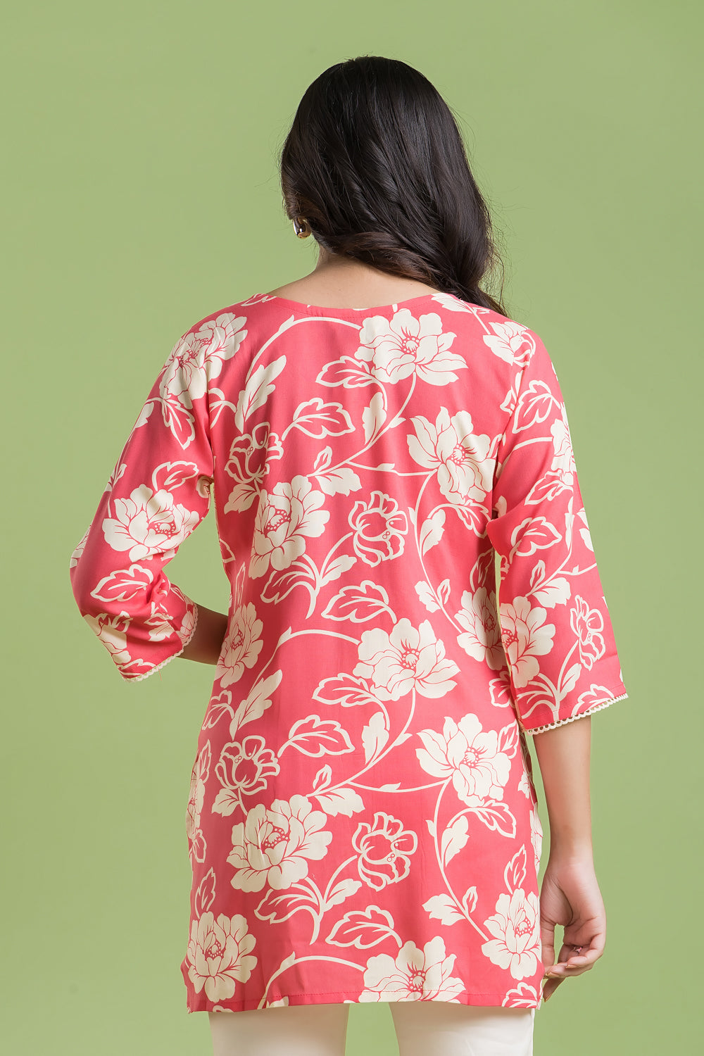 Coral Pink Rose Print Short Kurta