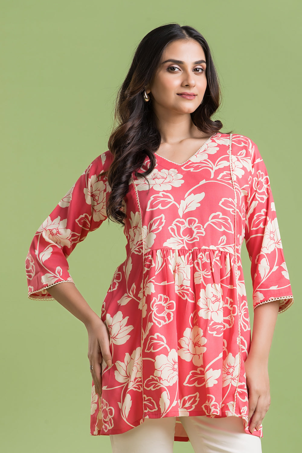 Coral Pink Rose Print Short Kurta