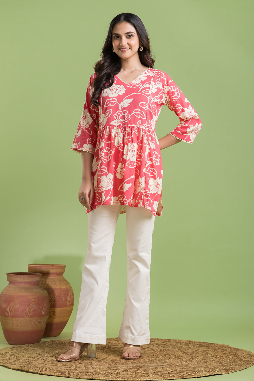 Coral Pink Rose Print Short Kurta