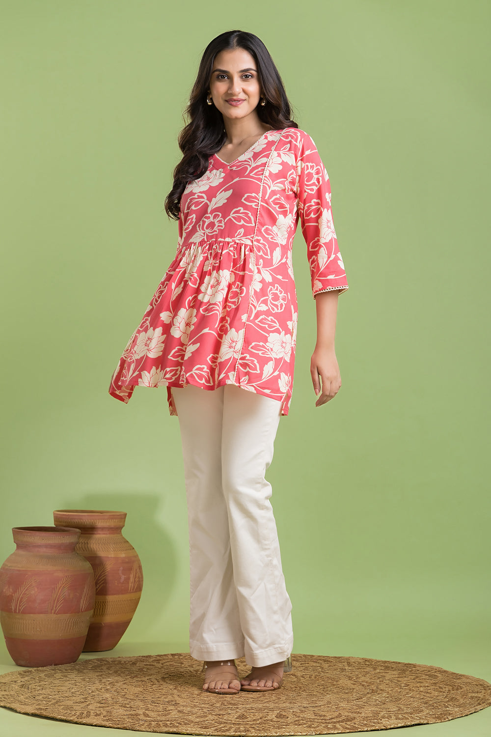 Coral Pink Rose Print Short Kurta