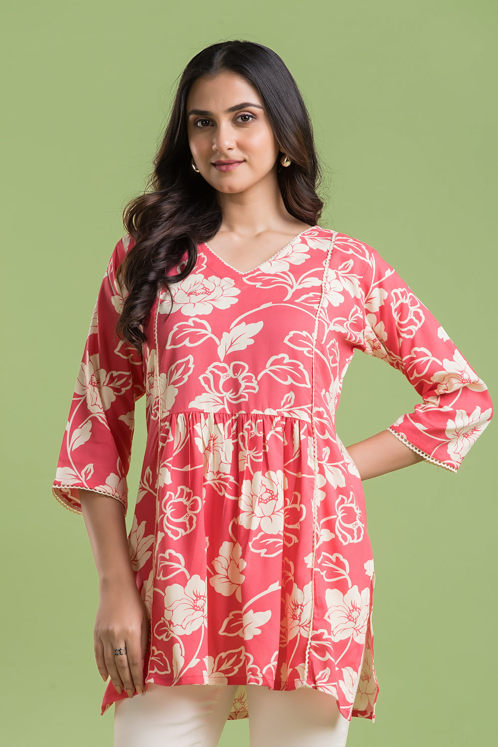 Coral Pink Rose Print Short Kurta