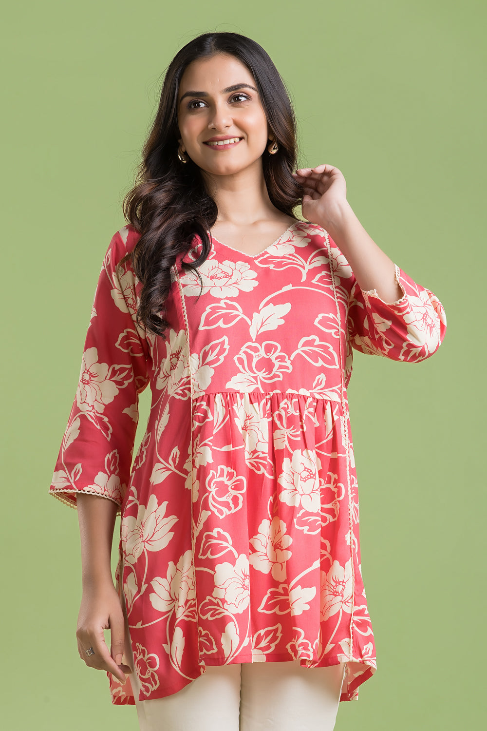 Coral Pink Rose Print Short Kurta