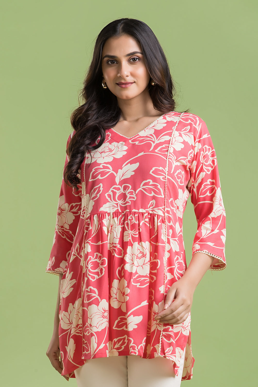 Coral Pink Rose Print Short Kurta