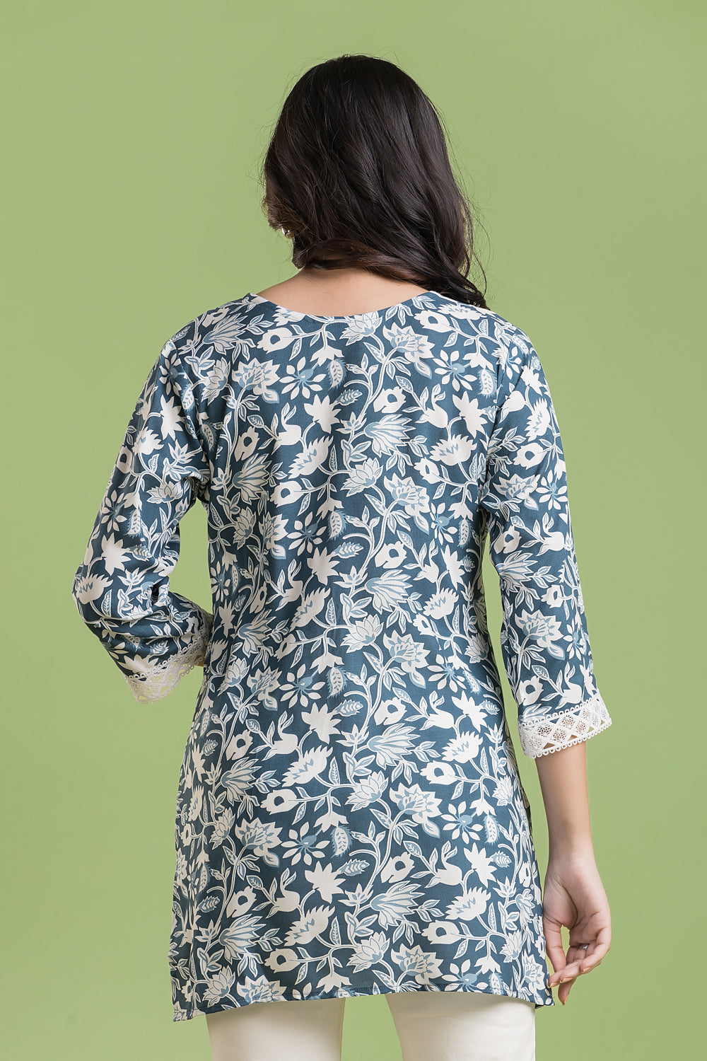 Grey Blue Floral Print Short Kurta